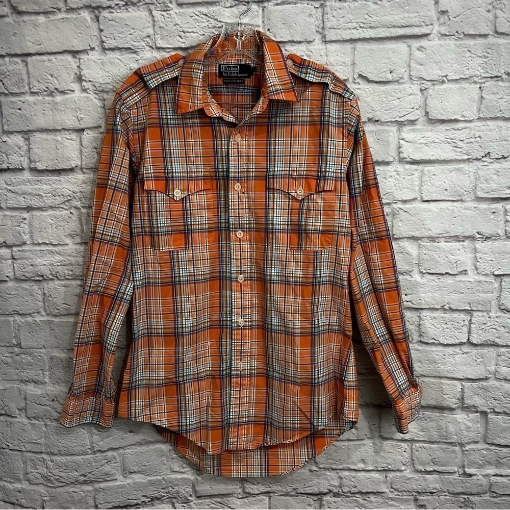 POLO RALPH LAUREN Trim Military LS Button Front Plaid Shirt Pastel mens medium